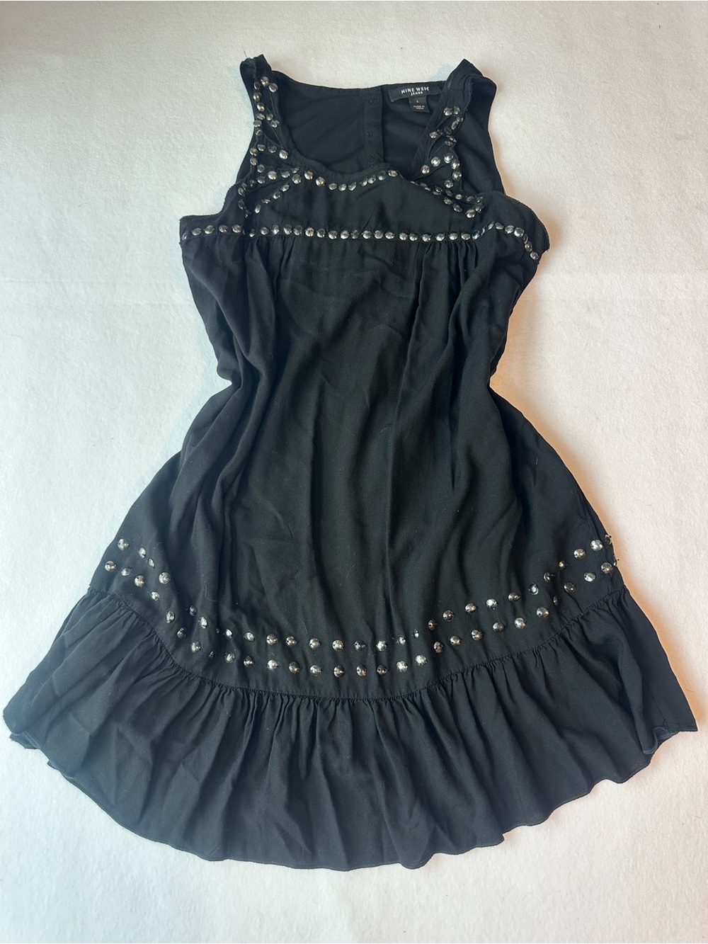 Y2K Whimsigoth Fairy Black Studded Babydoll Mini Dress Drop Waist Ruffle
